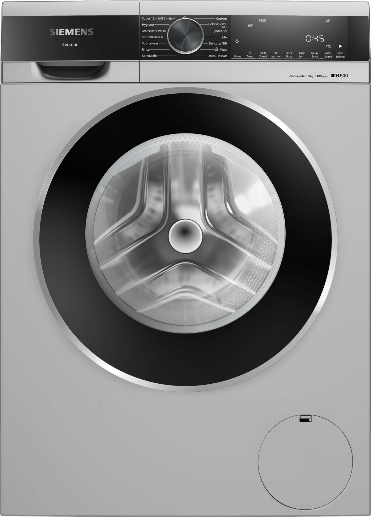 Siemens iQ500 8 Kg Front Load Washing Machine (WG34A20SIN) – 1400 RPM, iQdrive Motor, stainRemoval, waveDrum, Silver