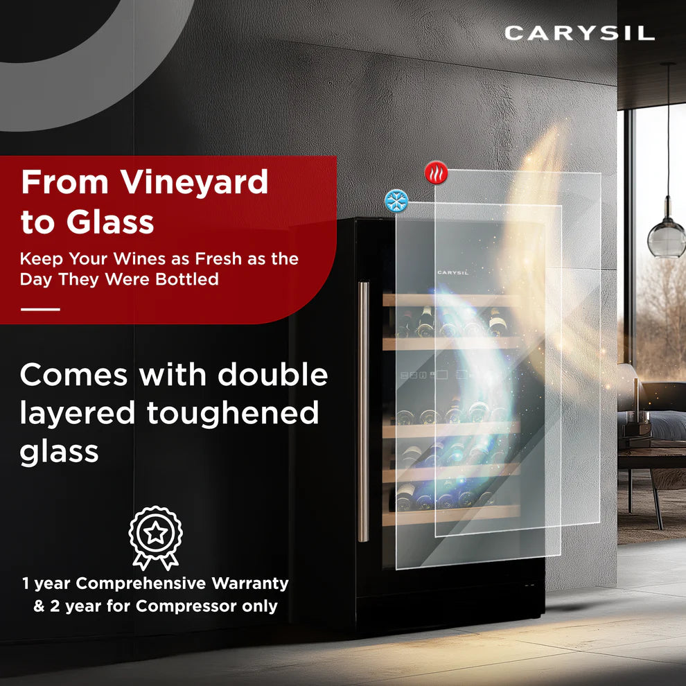 Carysil 46 Bottle Wine Chiller (145L) | Dual Zone Cooling | 5°C–20°C | Wooden Shelves | UV Glass Door | Freestanding Wine Cooler-9