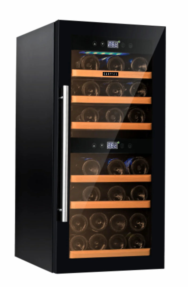 Carysil Wine Chiller – 24 Bottles, Dual Zone Cooling (3°C–20°C), Free Standing Wine Cooler with LED Display, Wooden Shelves & Toughened Glass Door-12