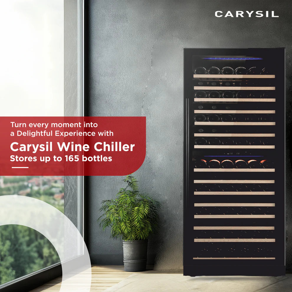 Carysil 165 Bottle Wine Chiller (425L) | Dual Zone Cooling | 5°C–20°C | Freestanding Luxury Wine Cooler | Wooden Shelves | UV Glass Door | LED Display-4