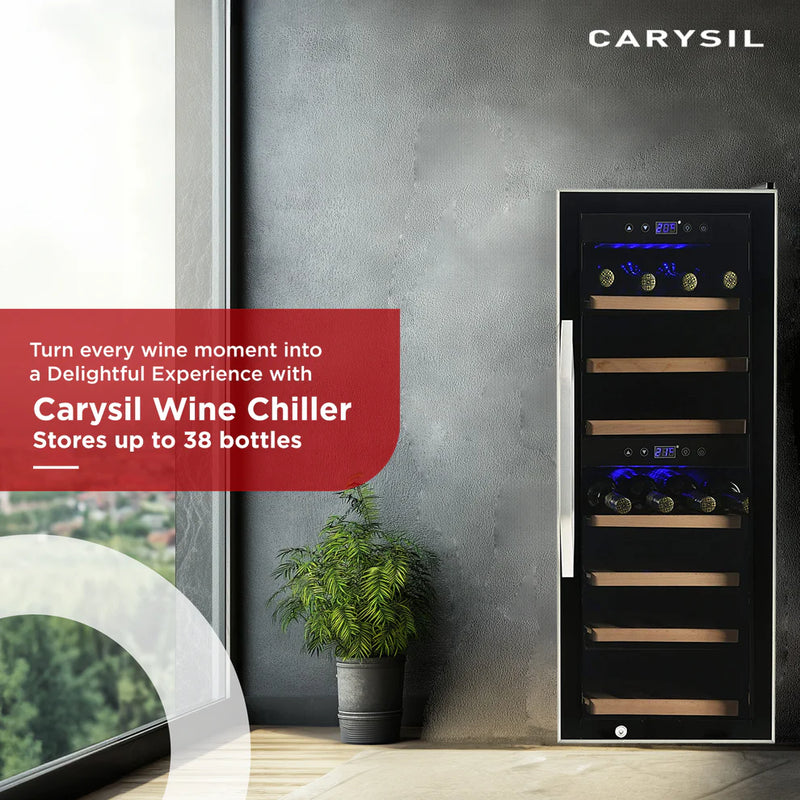 Carysil Wine Chiller – 38 Bottles, Dual Zone Cooling (3°C–20°C), Free Standing Wine Cooler with LED Display, Wooden Shelves & Toughened Glass Door-3