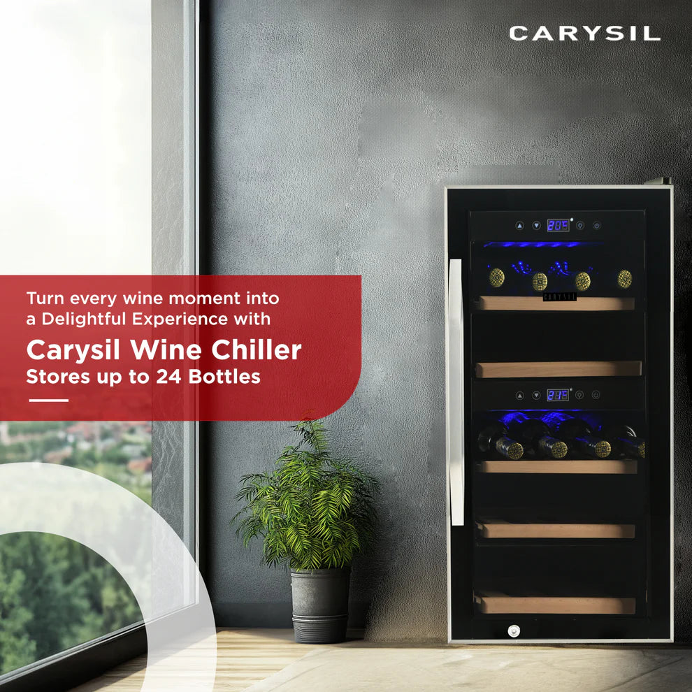 Carysil Wine Chiller – 24 Bottles, Dual Zone Cooling (3°C–20°C), Free Standing Wine Cooler with LED Display, Wooden Shelves & Toughened Glass Door-3