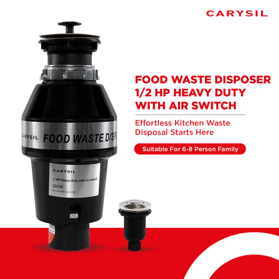 Carysil Food Waste Disposer 1/2 HP with Air Switch – Kitchen Sink Garbage Disposal with 2500 RPM DC Motor | Low Noise | Stainless Steel Grinding | Ideal for 5–7 Members-2