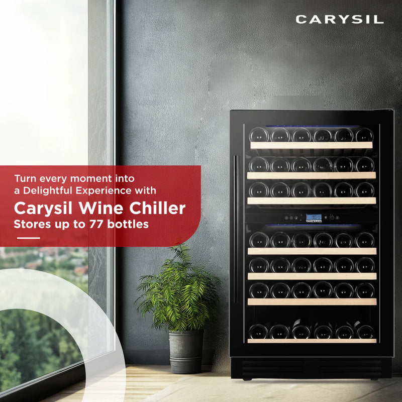 Carysil 77 Bottle Wine Chiller (215L) | Dual Zone Cooling | 5°C–20°C | Wooden Shelves | UV Glass Door | Freestanding Luxury Wine Cooler-4