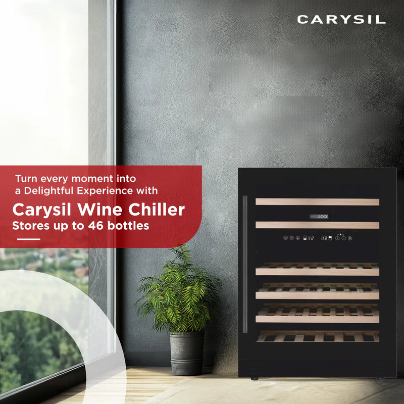 Carysil 46 Bottle Wine Chiller (145L) | Dual Zone Cooling | 5°C–20°C | Wooden Shelves | UV Glass Door | Freestanding Wine Cooler-4