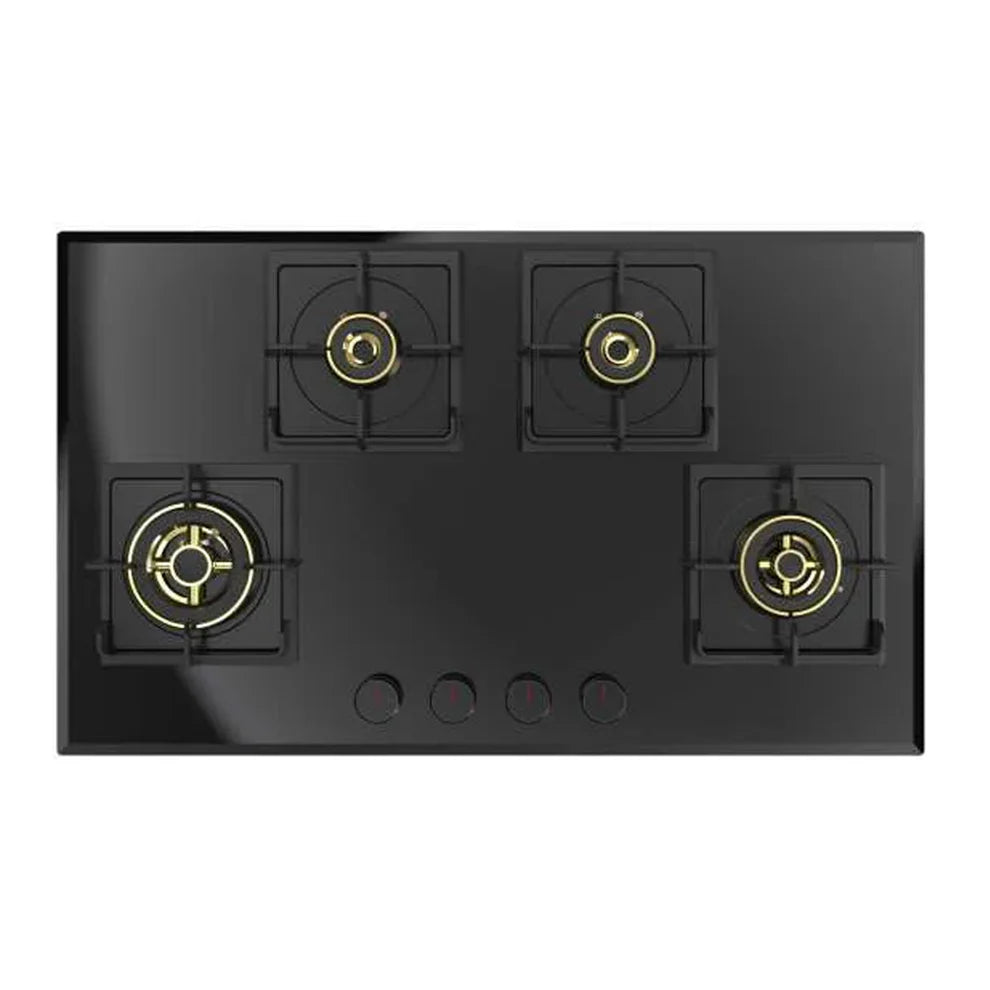 Carysil Tek Plus 90cm Built-In Glass Hob – 4 Brass Burners, FFD Safety Device, Square Cast Iron Pan Support, Battery Ignition, 8mm Tempered Glass, Designer Metal Knobs