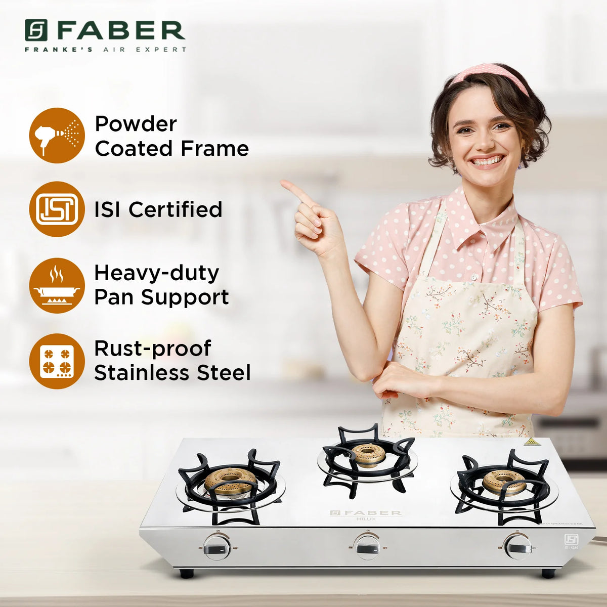 Faber HOB COOKTOP HILUX MAX 3BB SS – 3 Burner Gas Hob, Brass Burners, Stainless Steel Finish, Manual Ignition-2