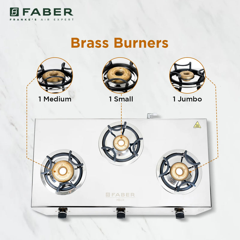 Faber HOB COOKTOP HILUX MAX 3BB SS – 3 Burner Gas Hob, Brass Burners, Stainless Steel Finish, Manual Ignition-4