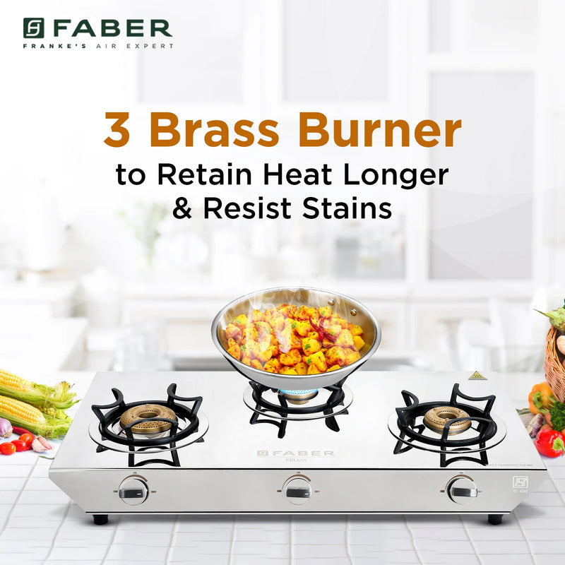 Faber HOB COOKTOP HILUX MAX 3BB SS – 3 Burner Gas Hob, Brass Burners, Stainless Steel Finish, Manual Ignition-6