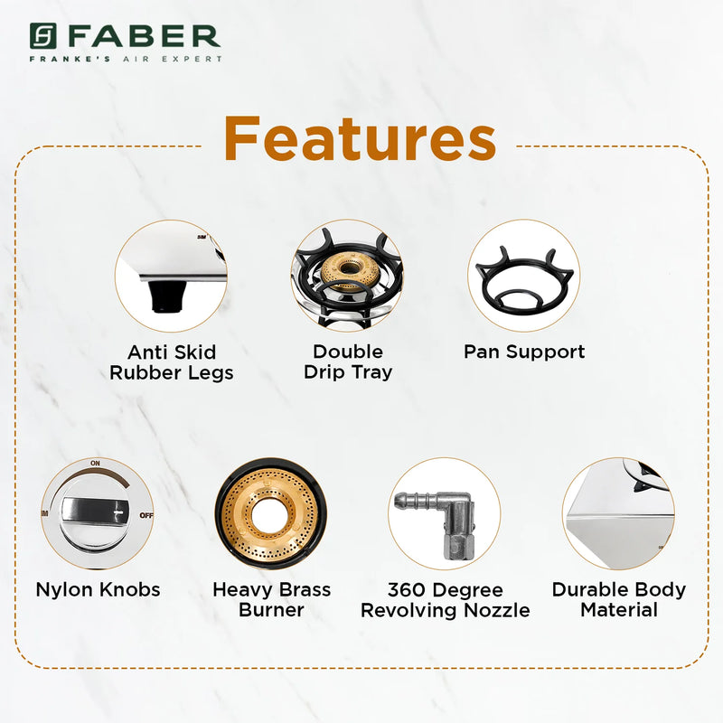 Faber HOB COOKTOP HILUX MAX 3BB SS – 3 Burner Gas Hob, Brass Burners, Stainless Steel Finish, Manual Ignition-7