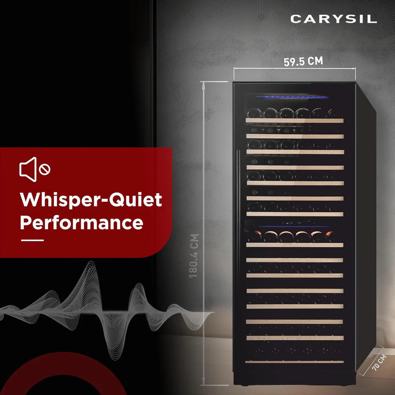 Carysil 165 Bottle Wine Chiller (425L) | Dual Zone Cooling | 5°C–20°C | Freestanding Luxury Wine Cooler | Wooden Shelves | UV Glass Door | LED Display-5