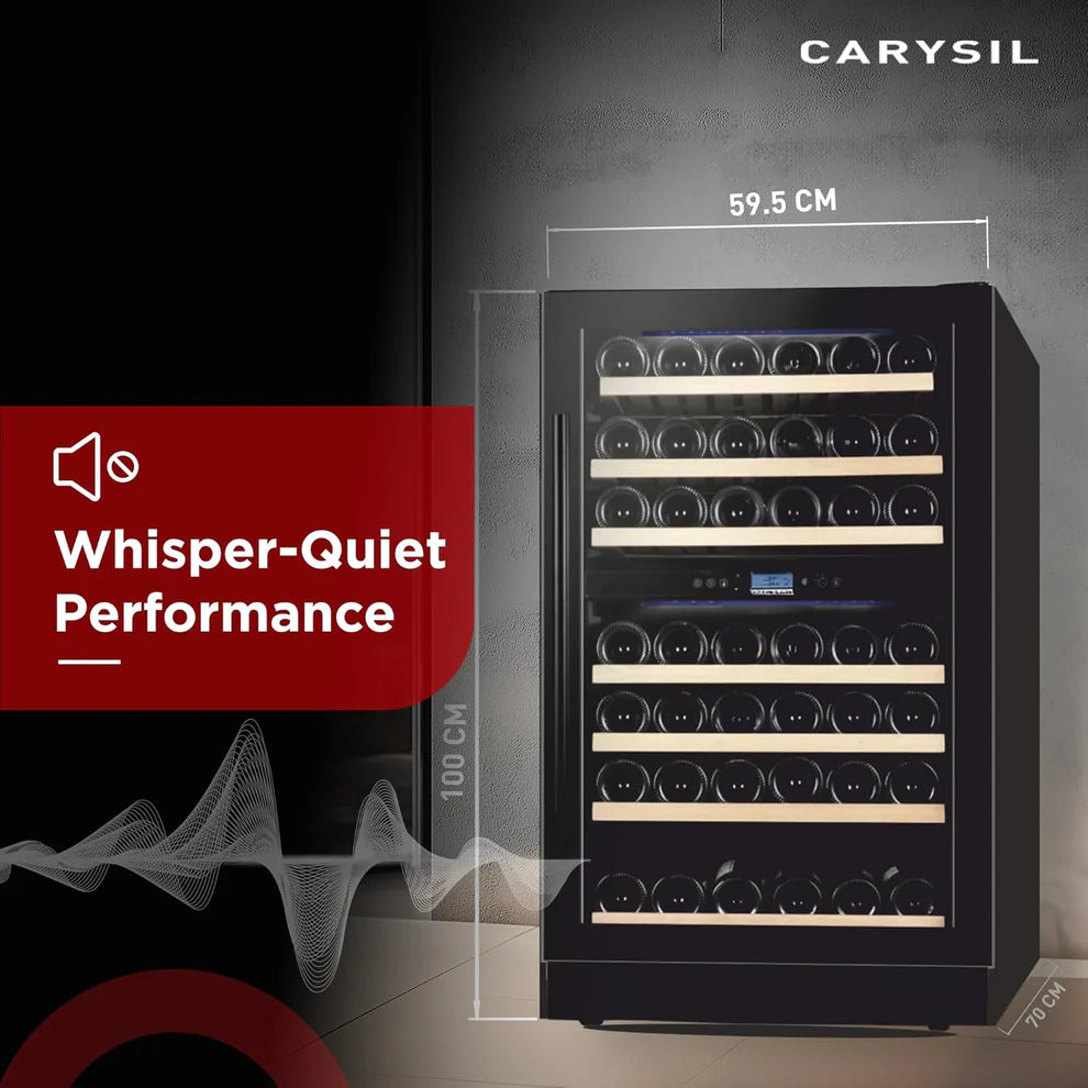 Carysil 77 Bottle Wine Chiller (215L) | Dual Zone Cooling | 5°C–20°C | Wooden Shelves | UV Glass Door | Freestanding Luxury Wine Cooler-5