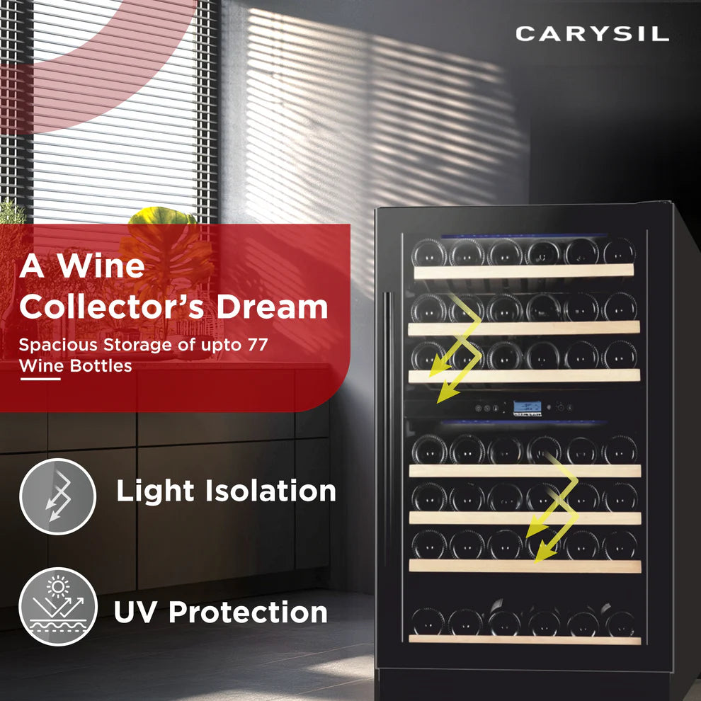 Carysil 77 Bottle Wine Chiller (215L) | Dual Zone Cooling | 5°C–20°C | Wooden Shelves | UV Glass Door | Freestanding Luxury Wine Cooler-6