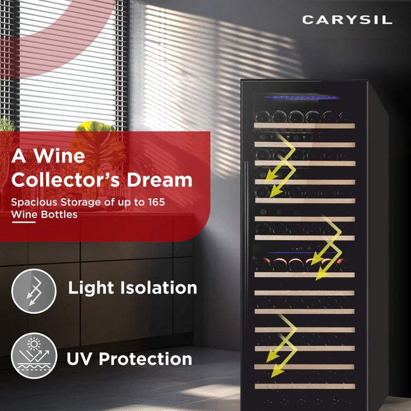 Carysil 165 Bottle Wine Chiller (425L) | Dual Zone Cooling | 5°C–20°C | Freestanding Luxury Wine Cooler | Wooden Shelves | UV Glass Door | LED Display-6