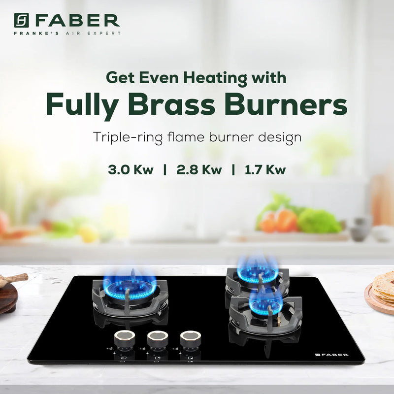 Faber Hob Experia HT703 ALU AI 70 cm Built-In Gas Hob – 3 Brass Burners, Auto Electric Ignition & Premium Glass Surface-11