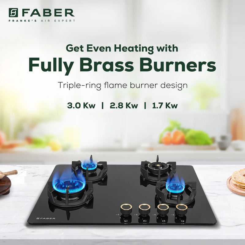 Faber Hob Experia HT704 ALU AI 70 cm Built-In Gas Hob – 4 Brass Burners, Auto-Electric Ignition & Premium Glass Top-11