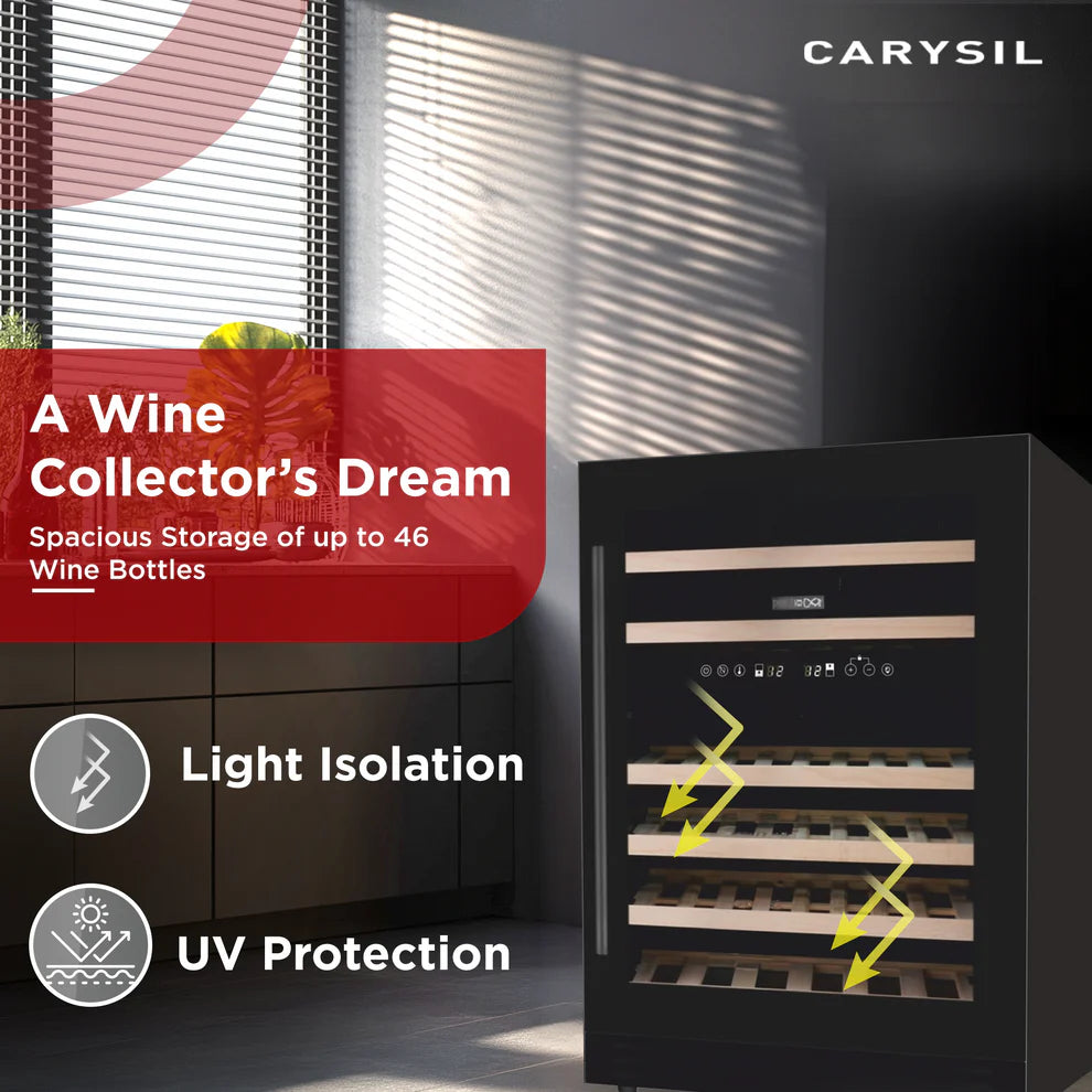 Carysil 46 Bottle Wine Chiller (145L) | Dual Zone Cooling | 5°C–20°C | Wooden Shelves | UV Glass Door | Freestanding Wine Cooler-6