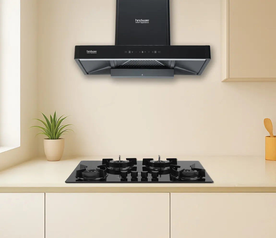 Hindware Optimus BLK Chimney | 90/60 cm | Motion Sensor & Touch Control, Filterless, Auto Clean, 1400 m³/h Suction, MaxX Silence Technology, Black-1