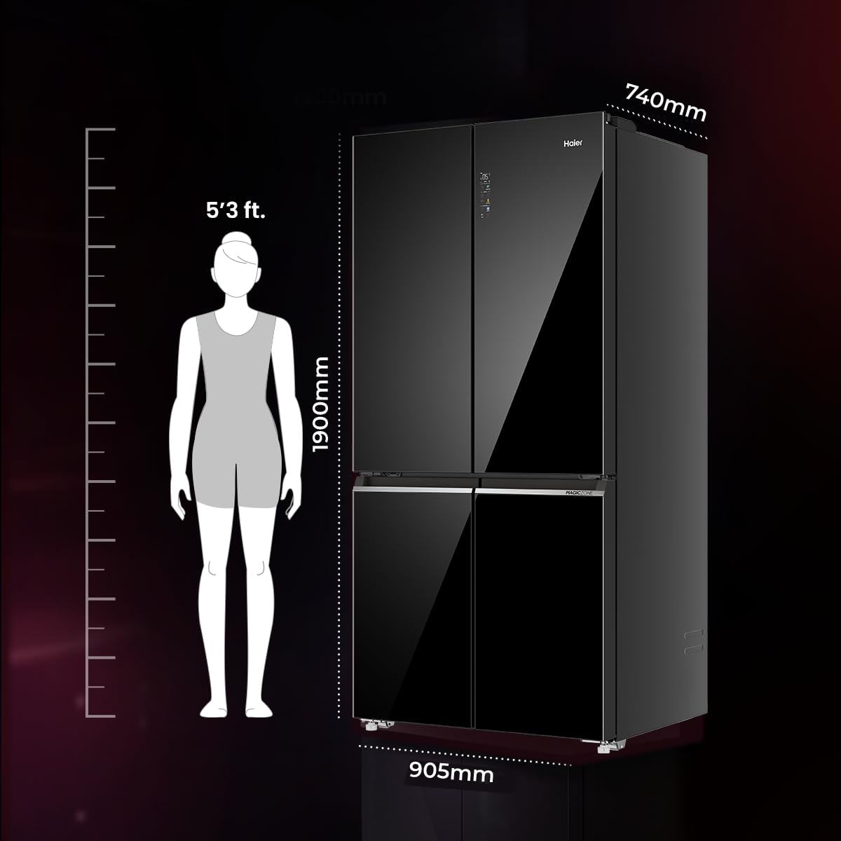 Haier Lumiere 630L 3 Star French Door Refrigerator with Smart Sense AI – Black Glass | HRB-700KGU1-2