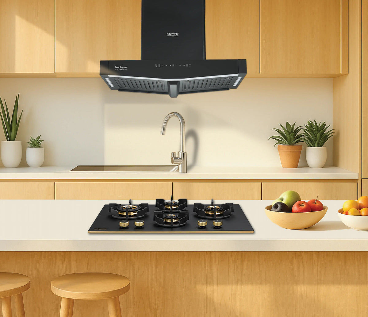 Hindware Onyx TC MS Autoclean 90 Island Chimney | Motion Sensor, Dual Side Touch Control, Baffle Filter, 1450 m³/h Suction, 90 cm, Black