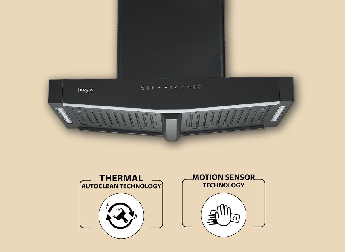 Hindware Onyx TC MS Autoclean 90 Island Chimney | Motion Sensor, Dual Side Touch Control, Baffle Filter, 1450 m³/h Suction, 90 cm, Black-3
