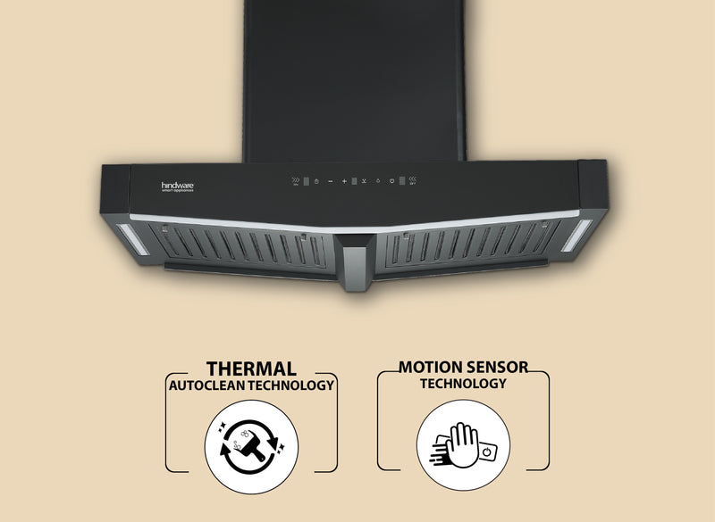 Hindware Onyx TC MS Autoclean 90 Island Chimney | Motion Sensor, Dual Side Touch Control, Baffle Filter, 1450 m³/h Suction, 90 cm, Black-3
