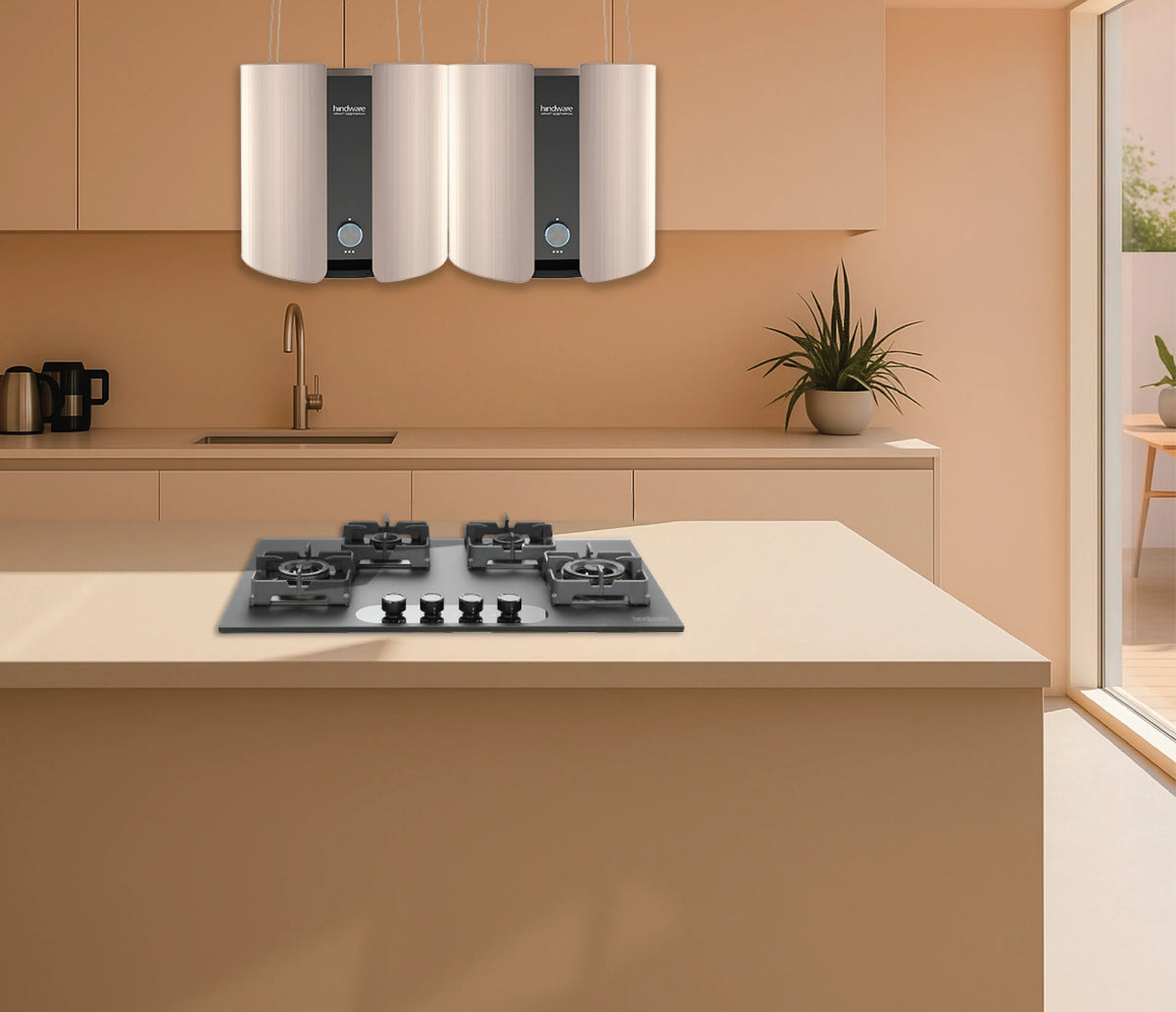 Hindware Ornate Duo 90 Island Chimney | Dual Chimney Design | 2000 m³/h | Charcoal Filter | Gold Finish