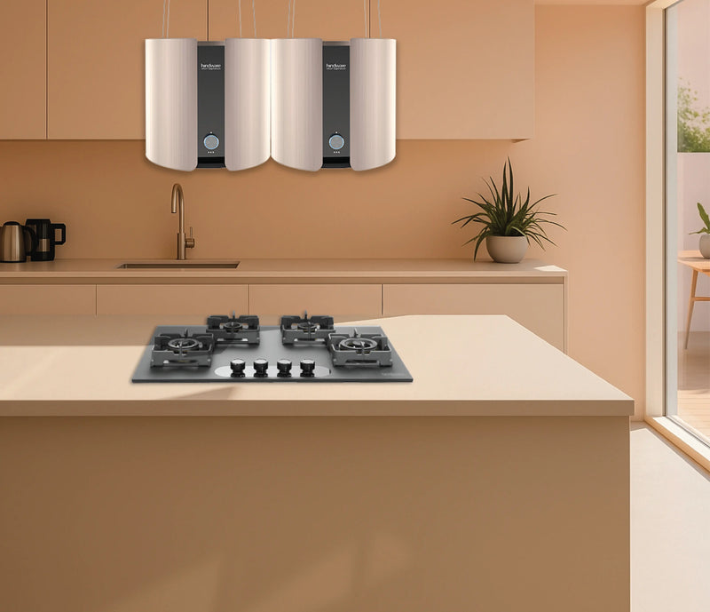Hindware Ornate Duo 90 Island Chimney | Dual Chimney Design | 2000 m³/h | Charcoal Filter | Gold Finish-1