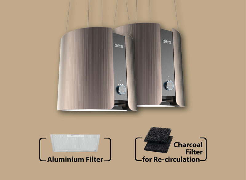 Hindware Ornate Duo 90 Island Chimney | Dual Chimney Design | 2000 m³/h | Charcoal Filter | Gold Finish-2