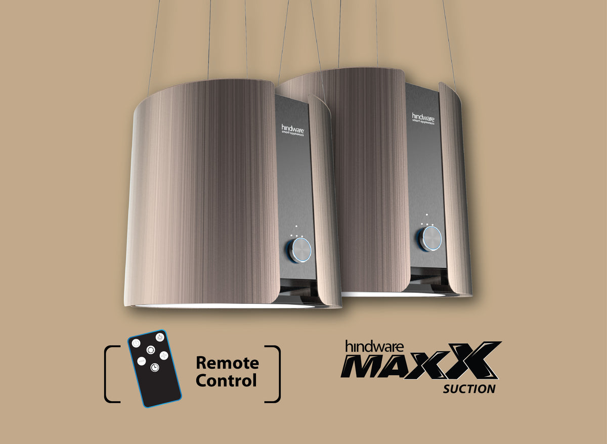 Hindware Ornate Duo 90 Island Chimney | Dual Chimney Design | 2000 m³/h | Charcoal Filter | Gold Finish-3