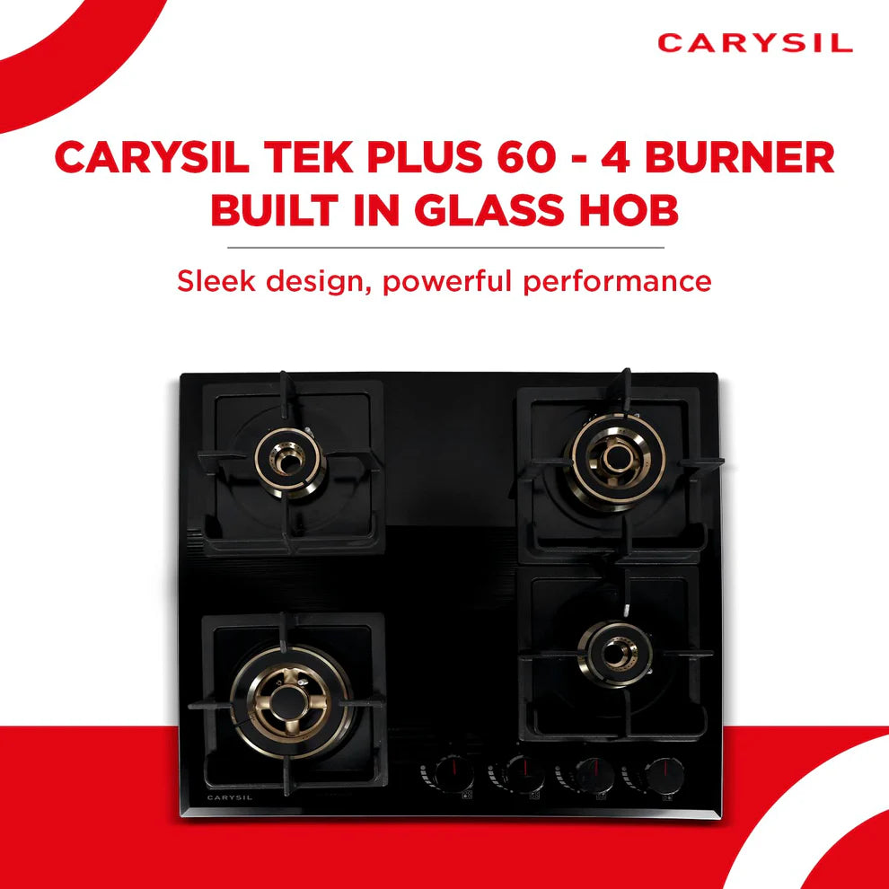 Carysil Tek Plus 60cm Built-In Glass Hob – 4 Brass Burners, FFD Safety Device, Square Cast Iron Pan Support, Battery Ignition, 8mm Tempered Glass, Designer Metal Knobs-6