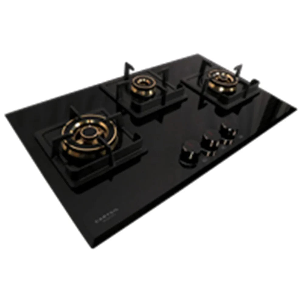 Carysil Tek Plus 75cm Built-In Glass Hob – 3 Brass Burners, FFD Safety, Square Cast Iron Pan Support, Battery Ignition, 8mm Tempered Glass, Designer Metal Knobs