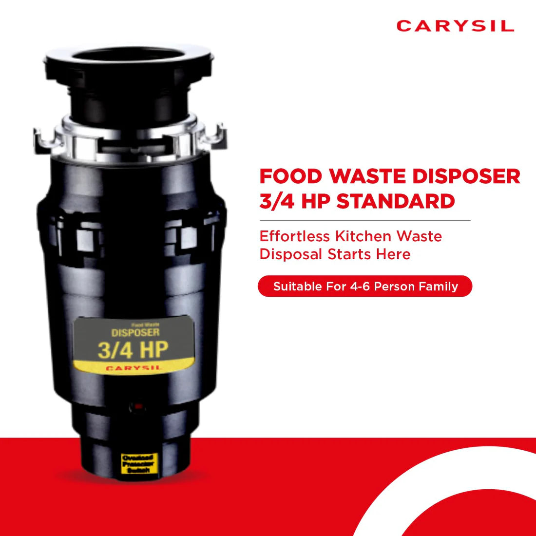Carysil Food Waste Disposer 3/4 HP Standard – Kitchen Sink Garbage Disposal with 2500 RPM DC Motor | Low Noise | Stainless Steel Grinding | Ideal for 2–6 Members