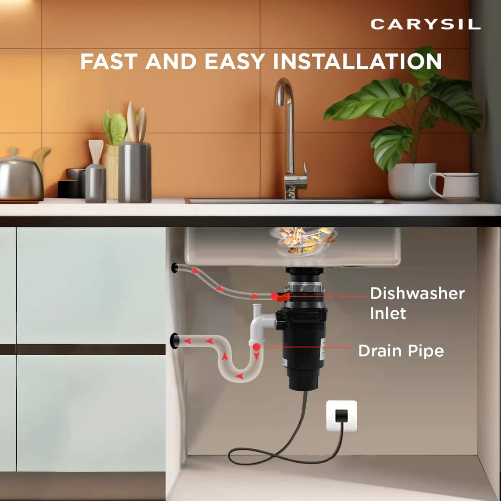 Carysil Food Waste Disposer 3/4 HP Standard – Kitchen Sink Garbage Disposal with 2500 RPM DC Motor | Low Noise | Stainless Steel Grinding | Ideal for 2–6 Members-3