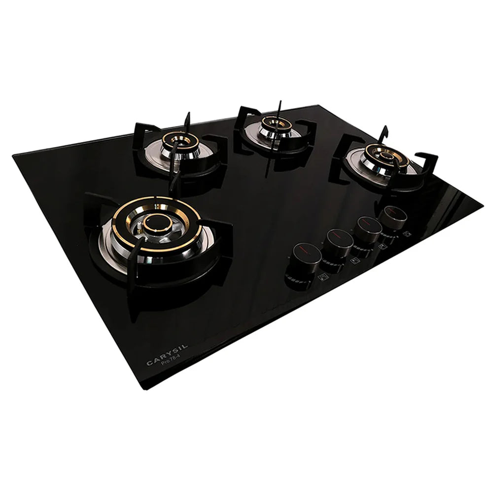 Carysil Pro 78cm Built-In Glass Hob – 4 Brass Burners, Triple Ring Burner, Cast Iron Pan Support, Battery Ignition, 8mm Tempered Glass, Stainless Steel Drip Tray-2