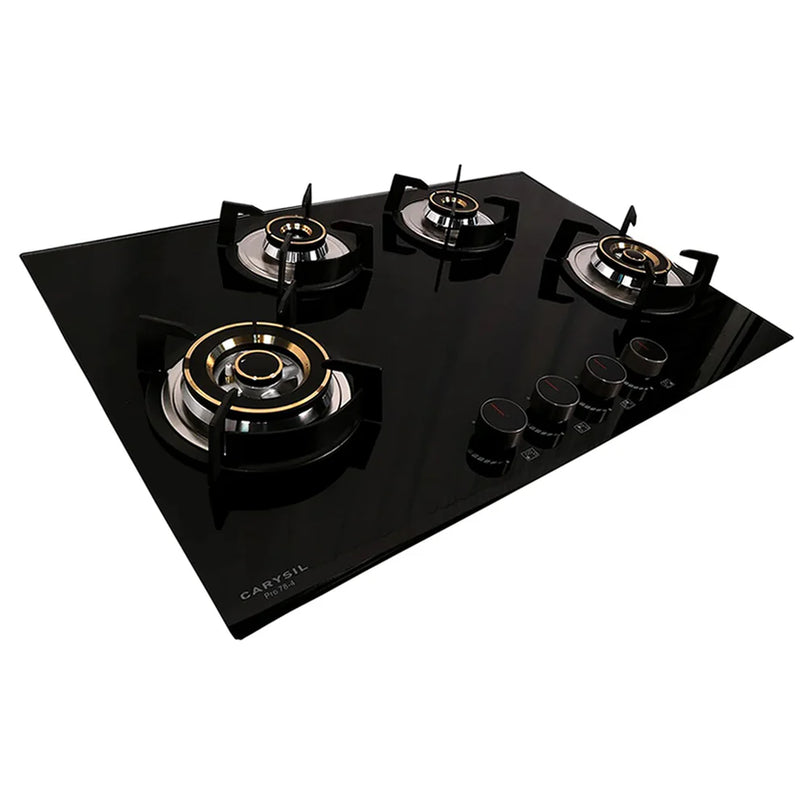 Carysil Pro 78cm Built-In Glass Hob – 4 Brass Burners, Triple Ring Burner, Cast Iron Pan Support, Battery Ignition, 8mm Tempered Glass, Stainless Steel Drip Tray-2