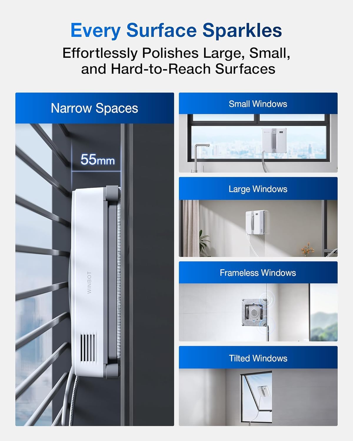 ECOVACS WINBOT MINI Robotic Window Cleaner (7500Pa Suction, Ultra-Compact Design, Ultrasonic Spray, 9-Stage Safety, App Control, Edge Cleaning Technology)-3