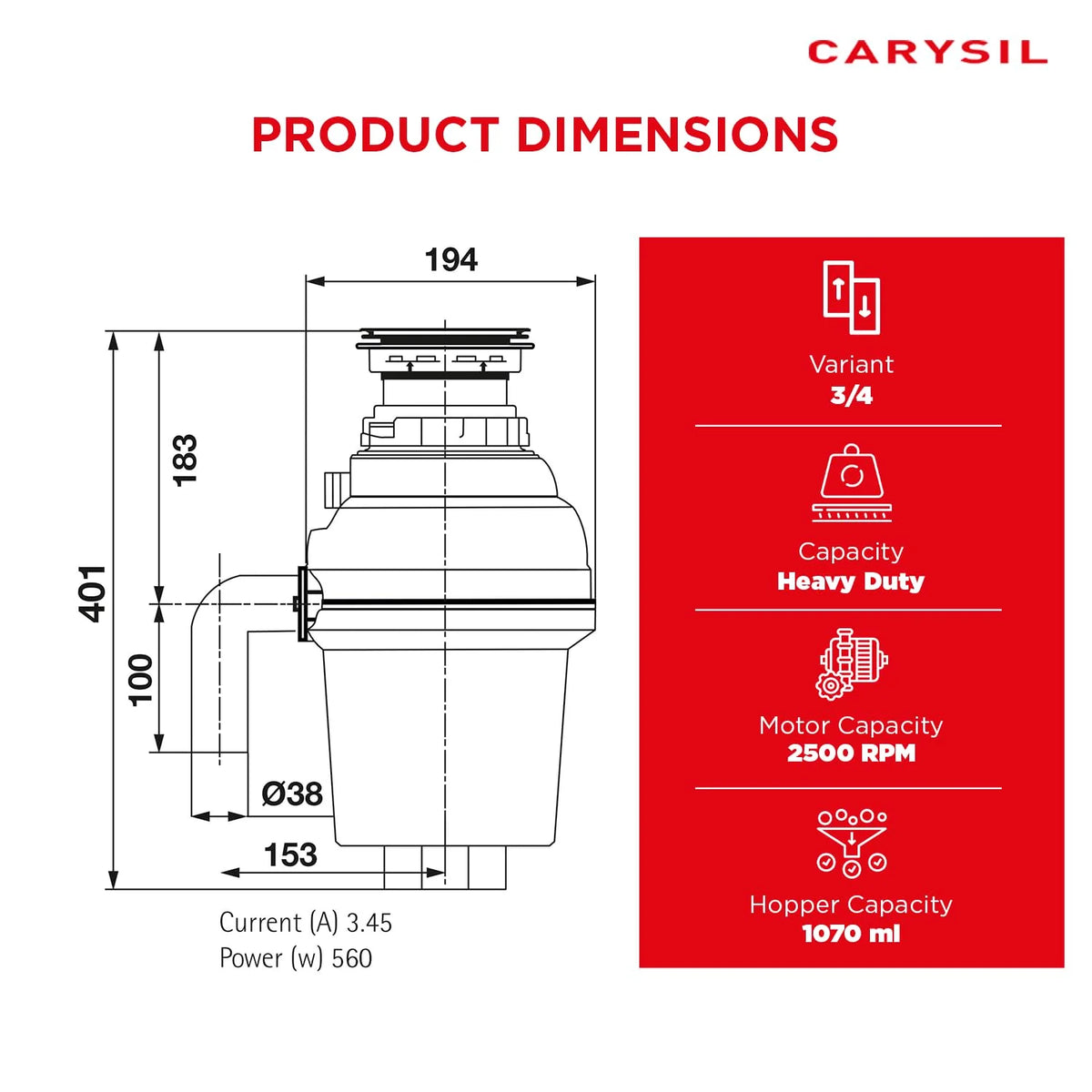 Carysil Food Waste Disposer 3/4 HP – Heavy Duty Kitchen Sink Garbage Disposal with 2500 RPM DC Motor | Low Noise | Stainless Steel Grinding | Ideal for 8–12 Members-3