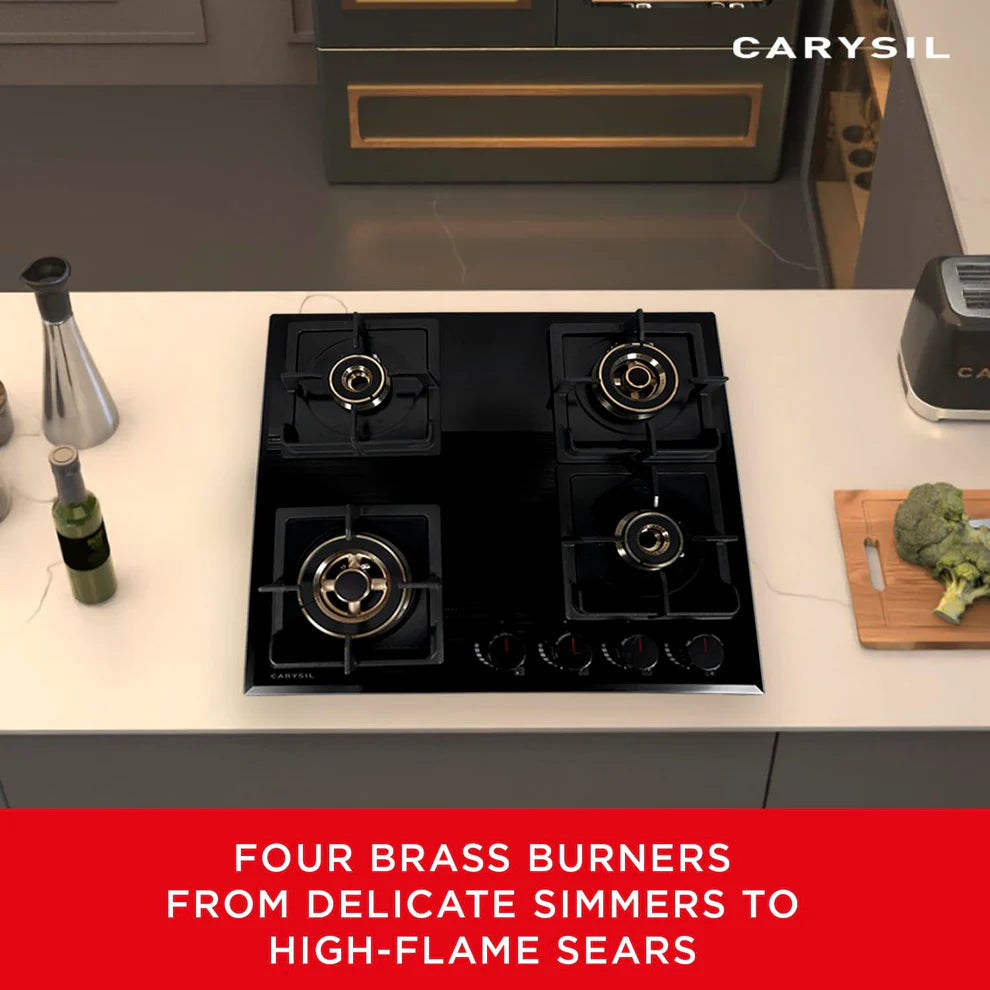 Carysil Tek Plus 60cm Built-In Glass Hob – 4 Brass Burners, FFD Safety Device, Square Cast Iron Pan Support, Battery Ignition, 8mm Tempered Glass, Designer Metal Knobs-1