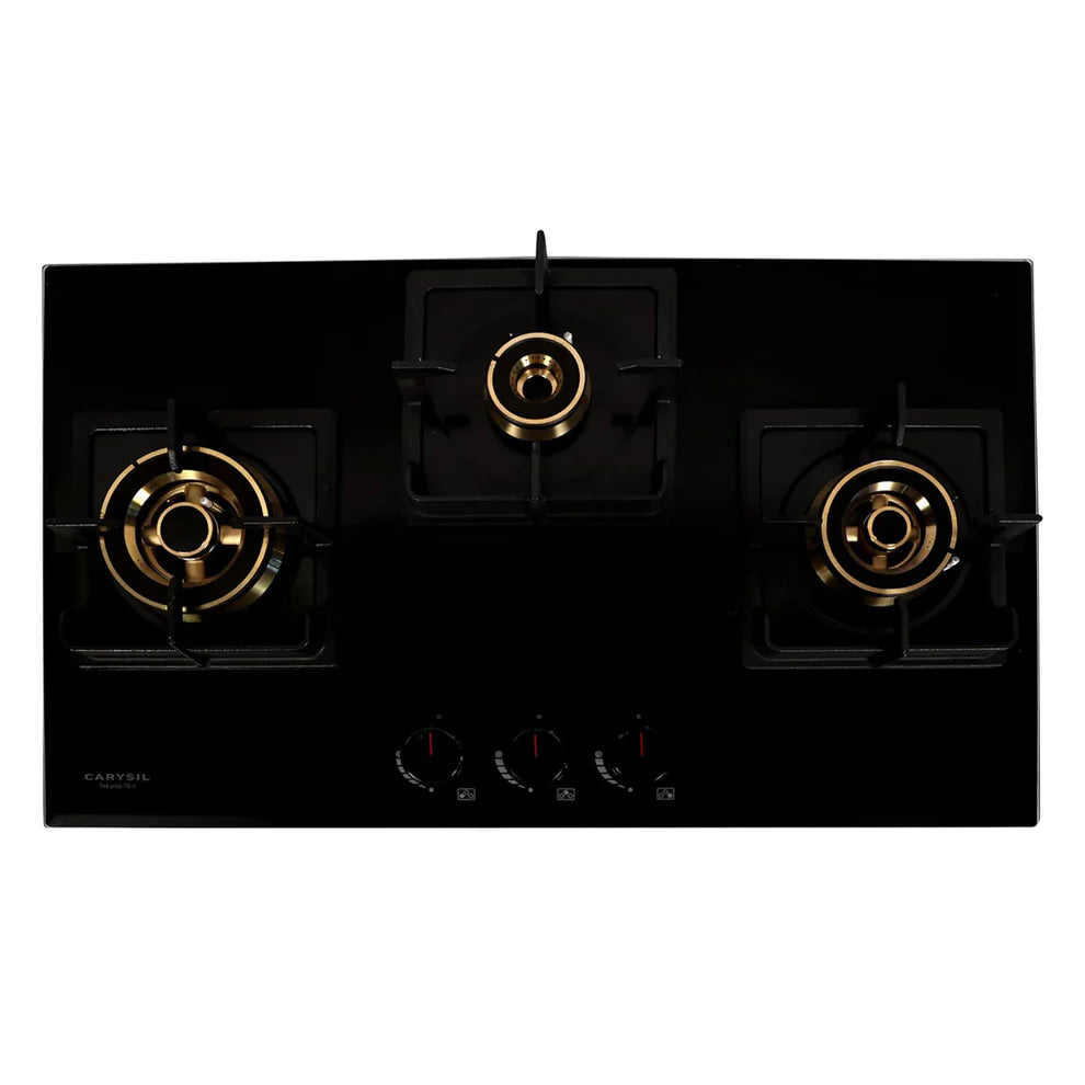 Carysil Tek Plus 75cm Built-In Glass Hob – 3 Brass Burners, FFD Safety, Square Cast Iron Pan Support, Battery Ignition, 8mm Tempered Glass, Designer Metal Knobs
