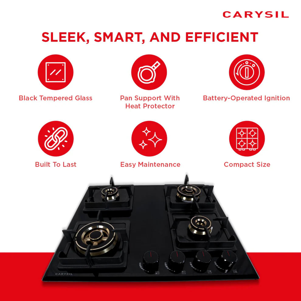 Carysil Tek Plus 60cm Built-In Glass Hob – 4 Brass Burners, FFD Safety Device, Square Cast Iron Pan Support, Battery Ignition, 8mm Tempered Glass, Designer Metal Knobs-3