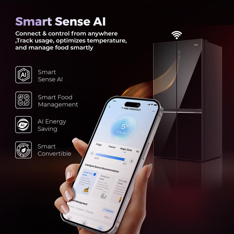 Haier Lumiere 630L 3 Star French Door Refrigerator with Smart Sense AI – Black Glass | HRB-700KGU1-3