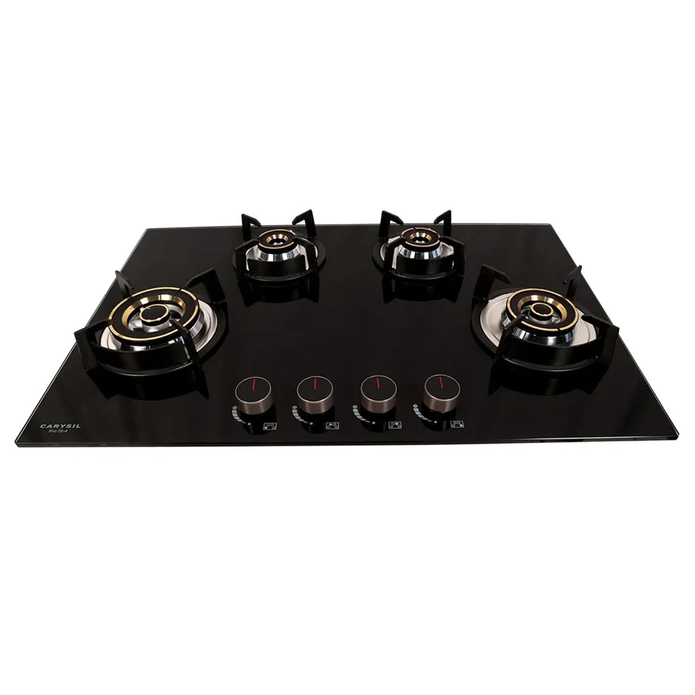 Carysil Pro 78cm Built-In Glass Hob – 4 Brass Burners, Triple Ring Burner, Cast Iron Pan Support, Battery Ignition, 8mm Tempered Glass, Stainless Steel Drip Tray