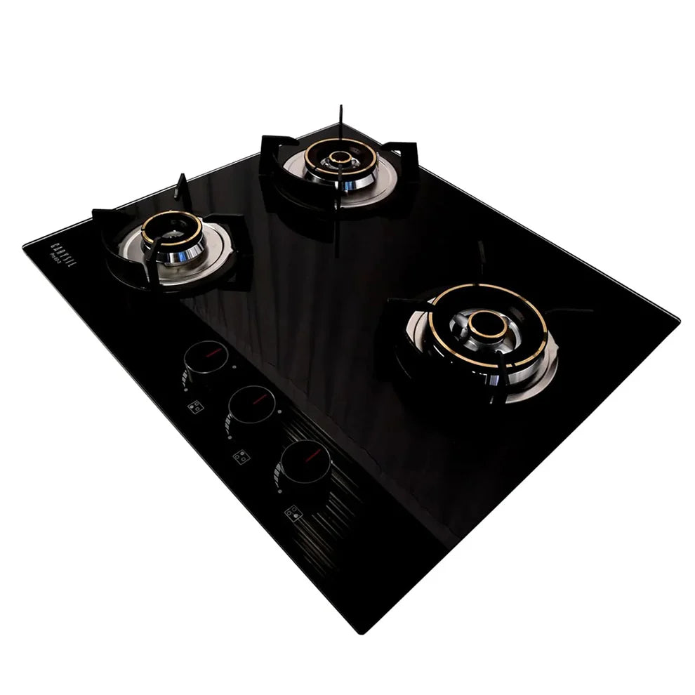 Carysil Pro 75cm Built-In Glass Hob – 3 Brass Burners, Triple Ring Burner, Cast Iron Pan Support, Battery Ignition, 8mm Tempered Glass, Stainless Steel Drip Tray