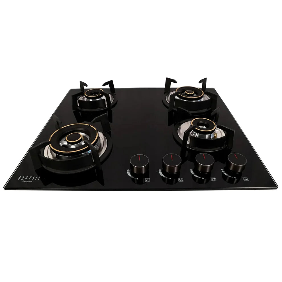 Carysil Pro 60cm Built-In Glass Hob – 4 Brass Burners, Triple Ring Burner, Cast Iron Pan Support, Battery Ignition, 8mm Tempered Glass, Stainless Steel Drip Tray-1