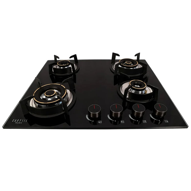 Carysil Pro 60cm Built-In Glass Hob – 4 Brass Burners, Triple Ring Burner, Cast Iron Pan Support, Battery Ignition, 8mm Tempered Glass, Stainless Steel Drip Tray-1