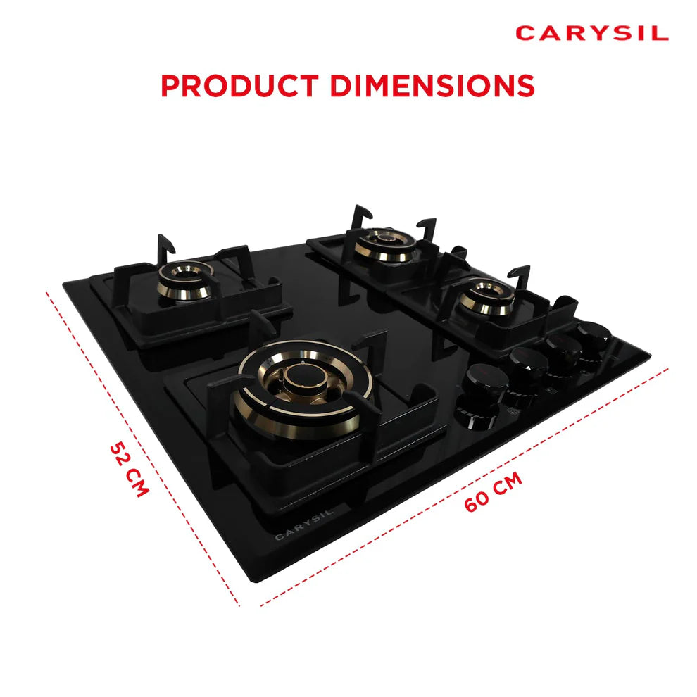 Carysil Tek Plus 60cm Built-In Glass Hob – 4 Brass Burners, FFD Safety Device, Square Cast Iron Pan Support, Battery Ignition, 8mm Tempered Glass, Designer Metal Knobs-2