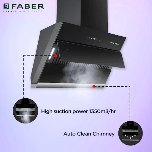 Faber Zenith FL SC AC BK 75 cm Wall-Mounted Chimney – 1350 m³/hr Suction, Filterless Auto-Clean & Gesture/Touch Control