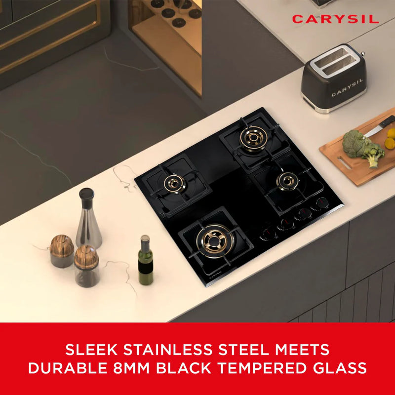 Carysil Tek Plus 60cm Built-In Glass Hob – 4 Brass Burners, FFD Safety Device, Square Cast Iron Pan Support, Battery Ignition, 8mm Tempered Glass, Designer Metal Knobs-7