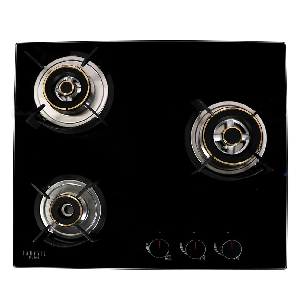 Carysil Pro 75cm Built-In Glass Hob – 3 Brass Burners, Triple Ring Burner, Cast Iron Pan Support, Battery Ignition, 8mm Tempered Glass, Stainless Steel Drip Tray-1